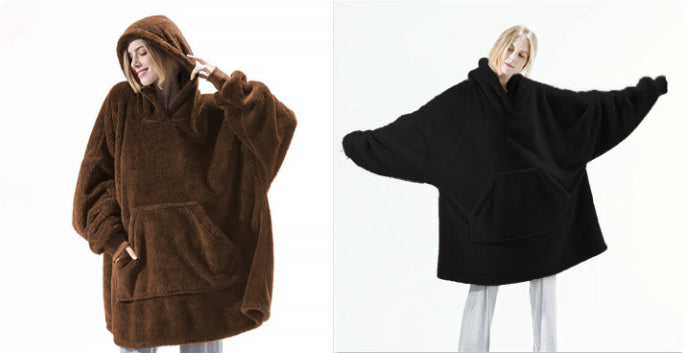 Fleece hoodie sweatshirt in dark brown and black, hooded with large front pocket