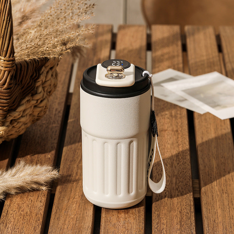 450ml insulated thermal bottle with white body, black lid, digital temperature display
