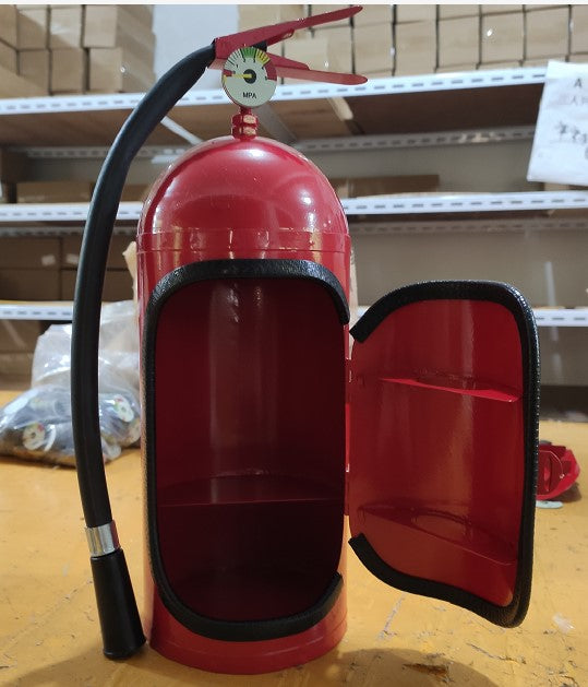 Red fire-extinguisher wine holder cabinet with open door and bottle storage