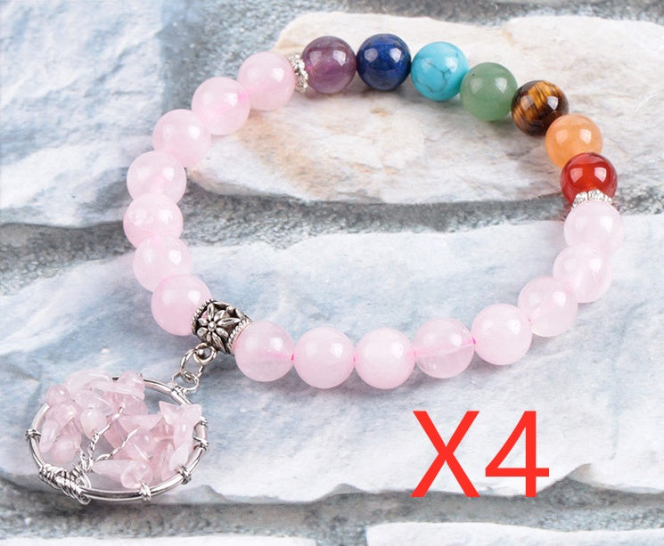 Pink crystal beaded bracelet with multicolor beads and round rose quartz wire pendant