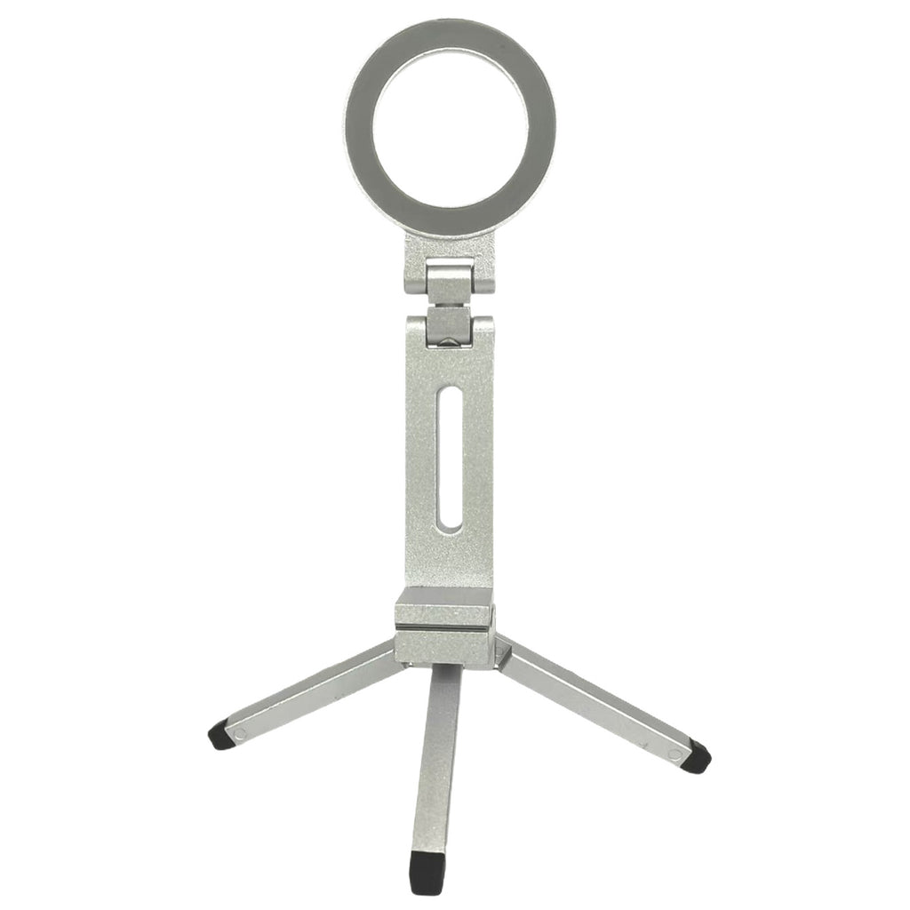 Gray magnetic phone holder clamp with circular ring and three foldable tripod legs