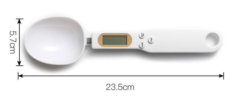 White measuring spoon scale with digital screen and oval round spoon; size markings.