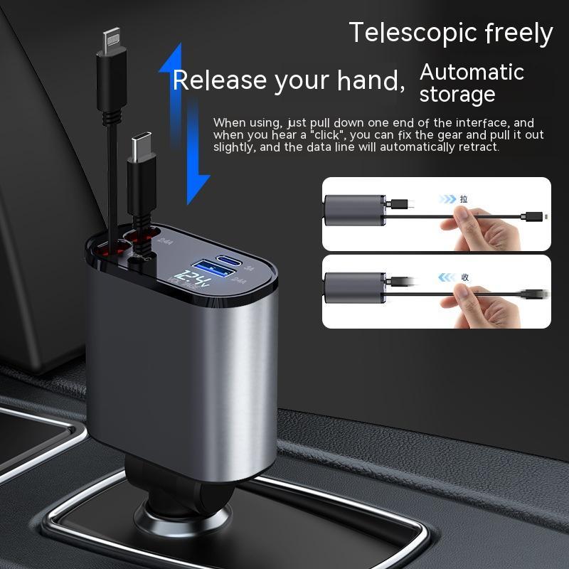 Telescopic retractable car charger adapter with USB Type-C ports, silver-and-black