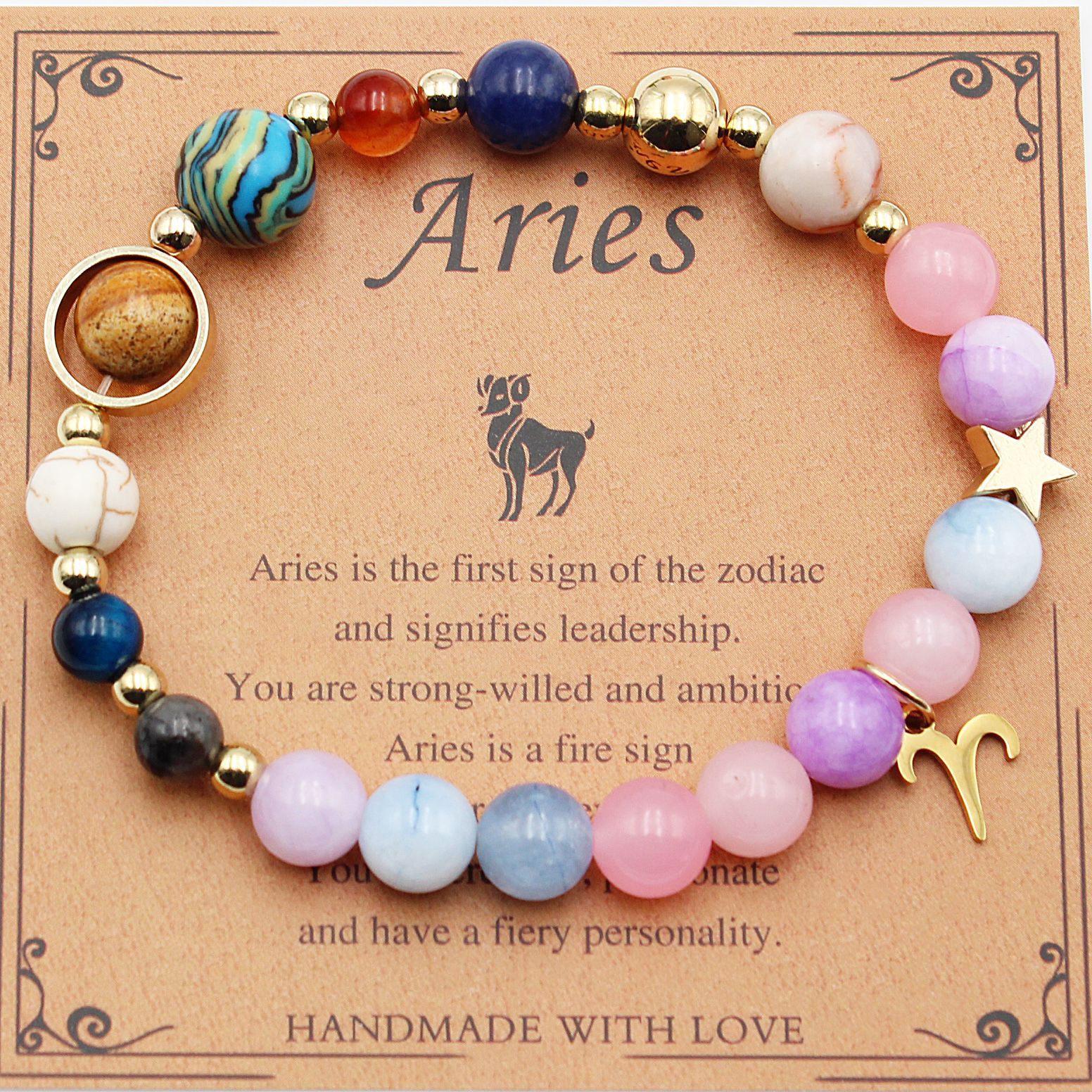 Aries zodiac beaded bracelet with round pastel beads and gold-tone spacer beads