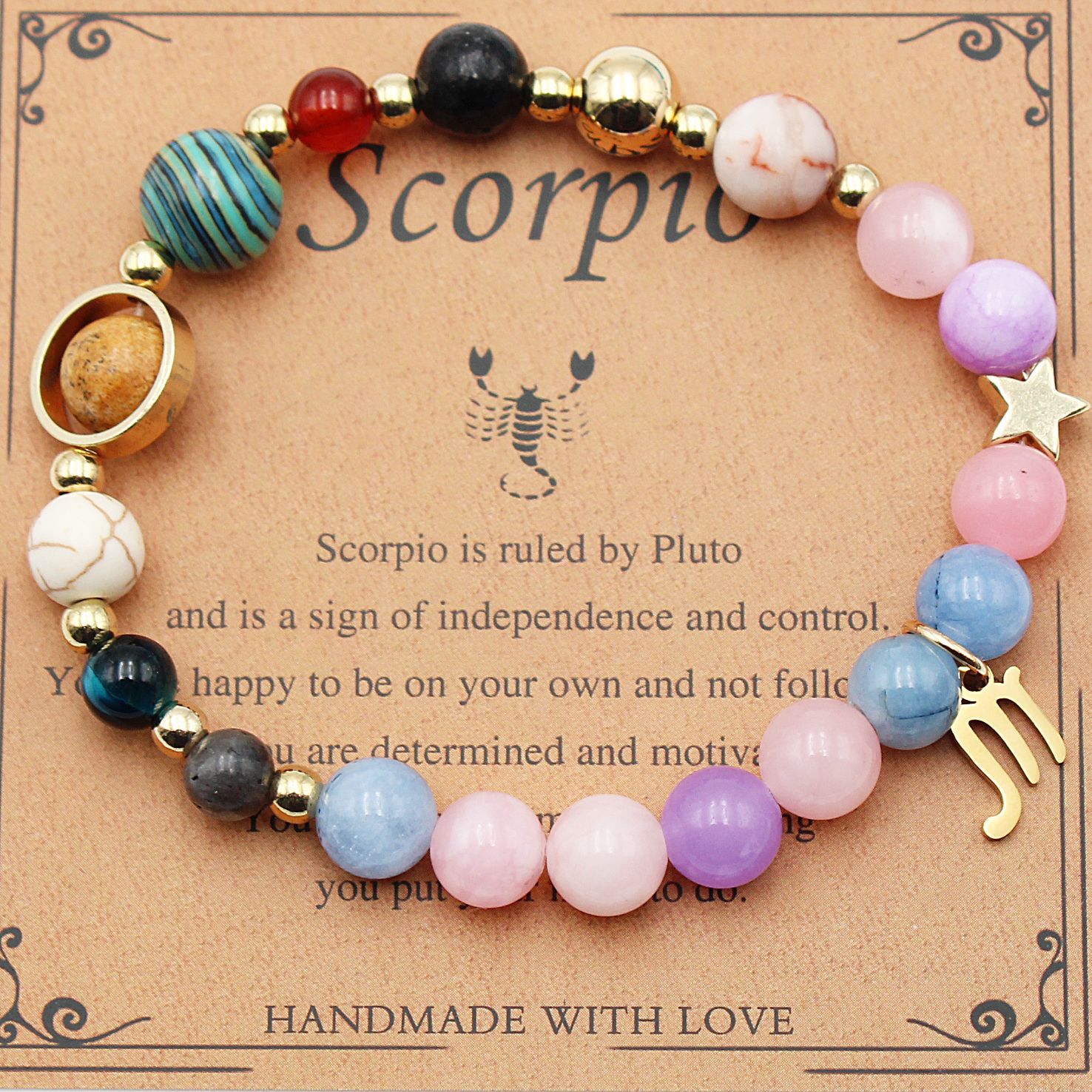 Scorpio zodiac beaded bracelet with pink, purple, and blue beads and gold star