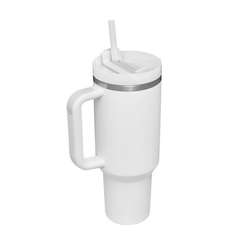 White insulated tumbler with side handle, clear straw, and snap-on lid