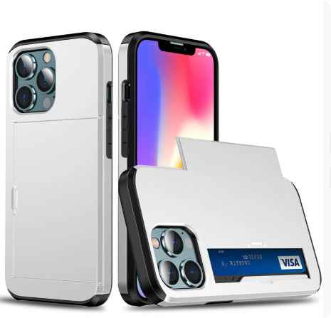 Mobile phone card case in silver with front flip open, card pocket for cards
