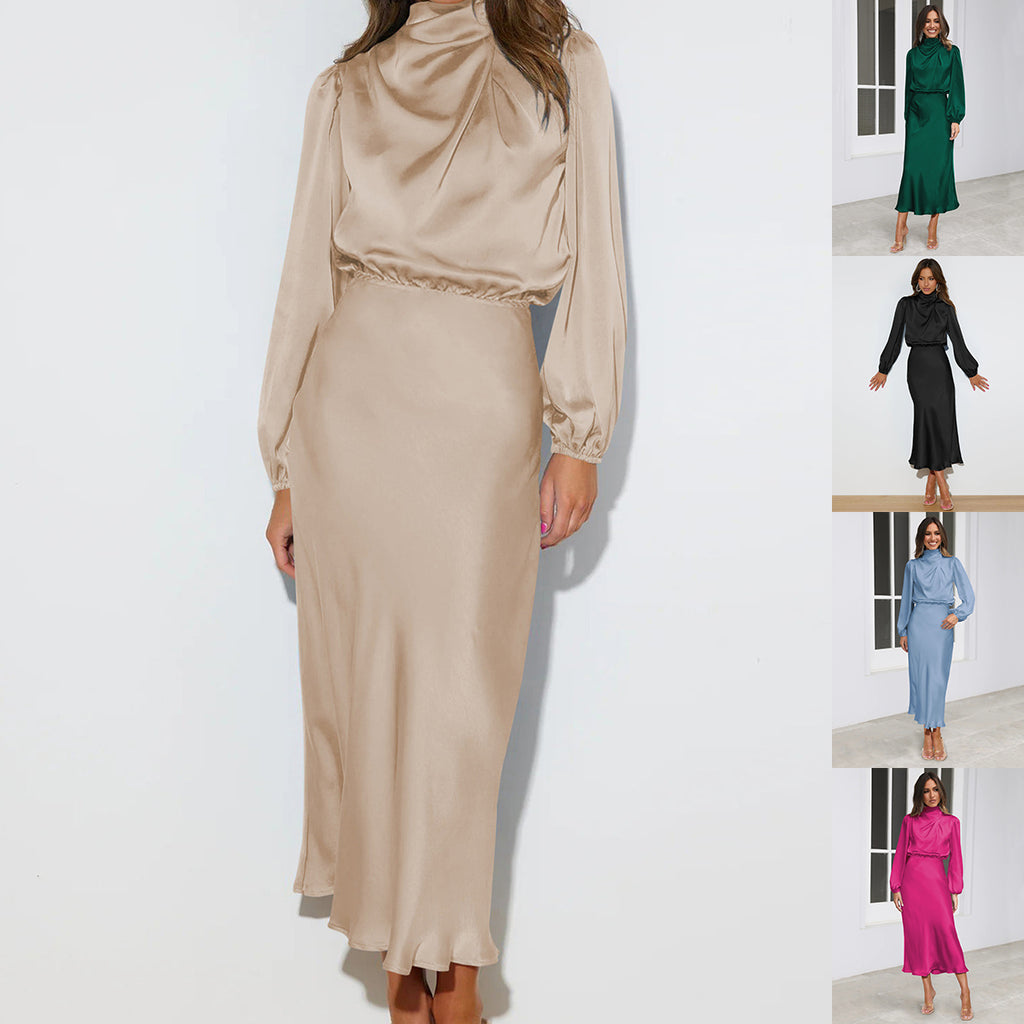 Apricot long-sleeved satin midi dress with gathered high neckline