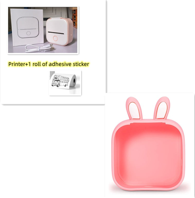 Portable mini thermal label printer with adhesive sticker roll, pink bunny-shaped case