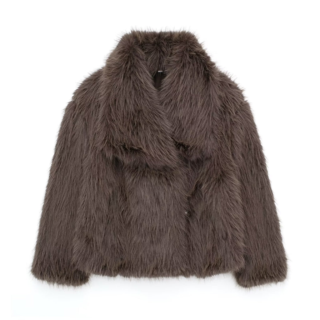 Dark gray plush faux-fur coat with notched lapels and long sleeves