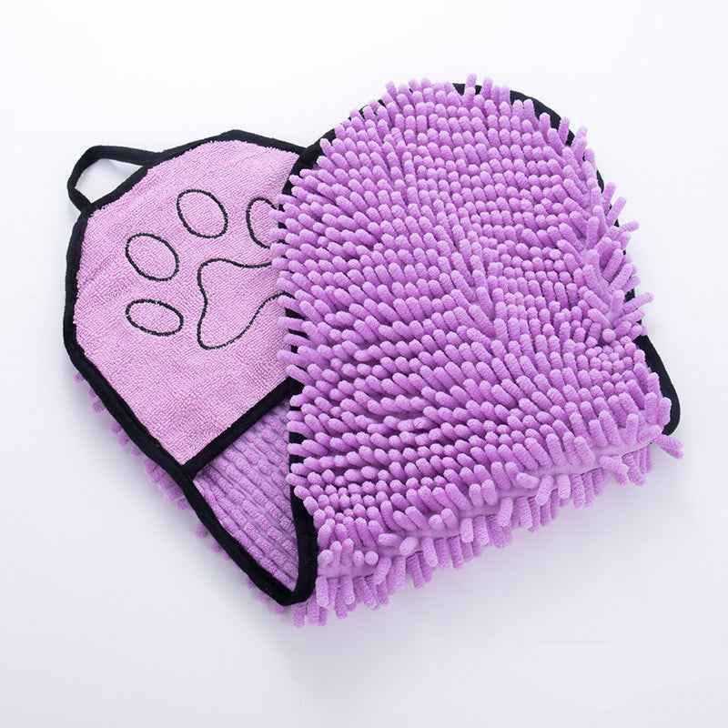 Purple microfiber pet drying towel with paw doodle panel and shag loop texture