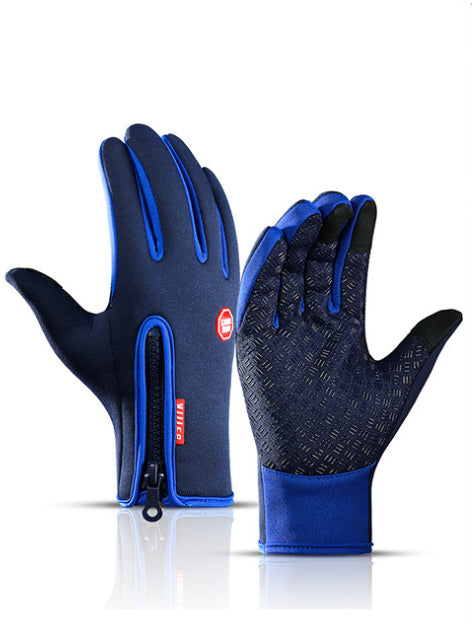 Pair of winter riding gloves in blue and navy, textured palms, zipped wrist cuff
