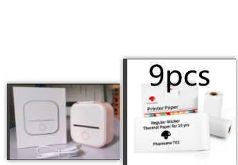 Mini thermal label printer set with 9pcs thermal paper, white/pink printer
