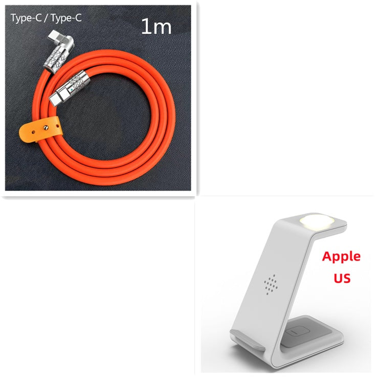 Wireless charger stand with white base and glowing pad, 1m Type-C to Type-C cable, orange cord.