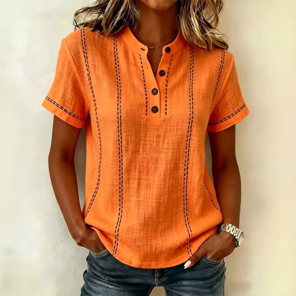 Women’s striped short-sleeve blouse, orange with dark vertical stitching, button V-neck