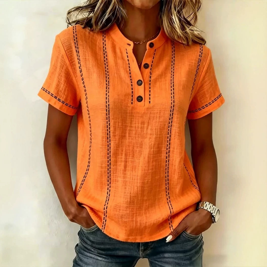 Women’s striped short-sleeve blouse, orange with dark vertical stitching, button V-neck