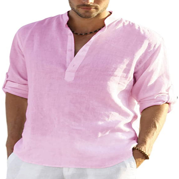 Men's cotton-linen short-sleeve shirt, pink, stand collar with button placket