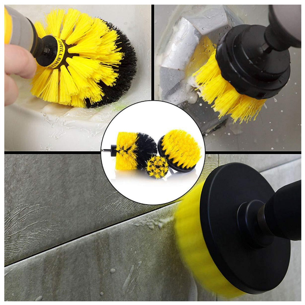 Yellow rotary scrub brush attachment with black holder for drill cleaning