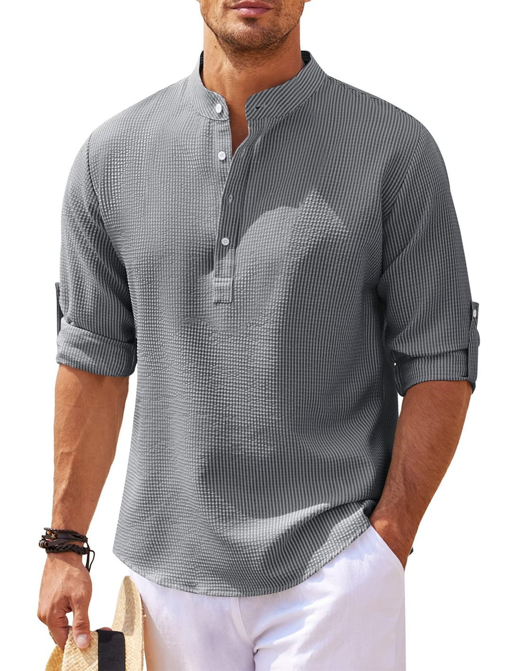 Men's long-sleeve stand-collar shirt in dark gray, button placket
