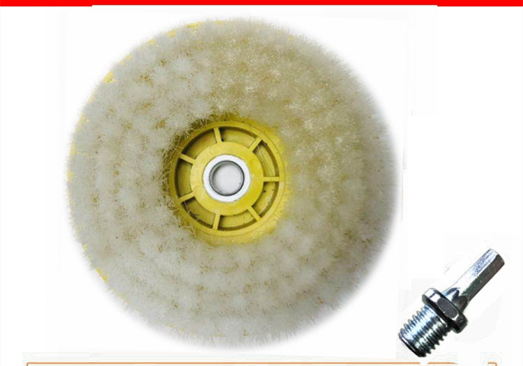 Electric drill cleaning brush head with yellow hub and off-white bristle pad