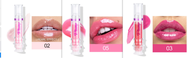 Liquid lip gloss in clear tube with purple-pink label; lip swatches show 02, 05, 03.