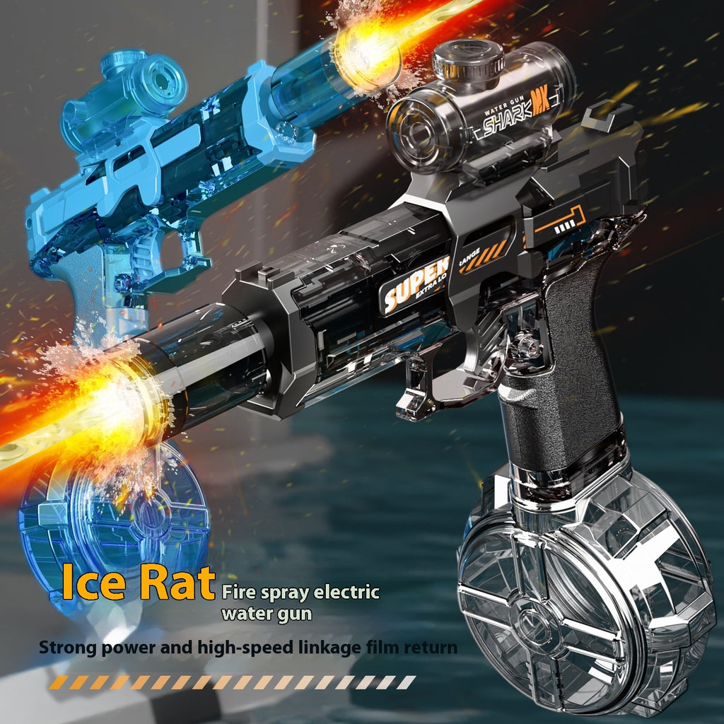 Blue electric water gun with clear water drum and burst muzzle effect