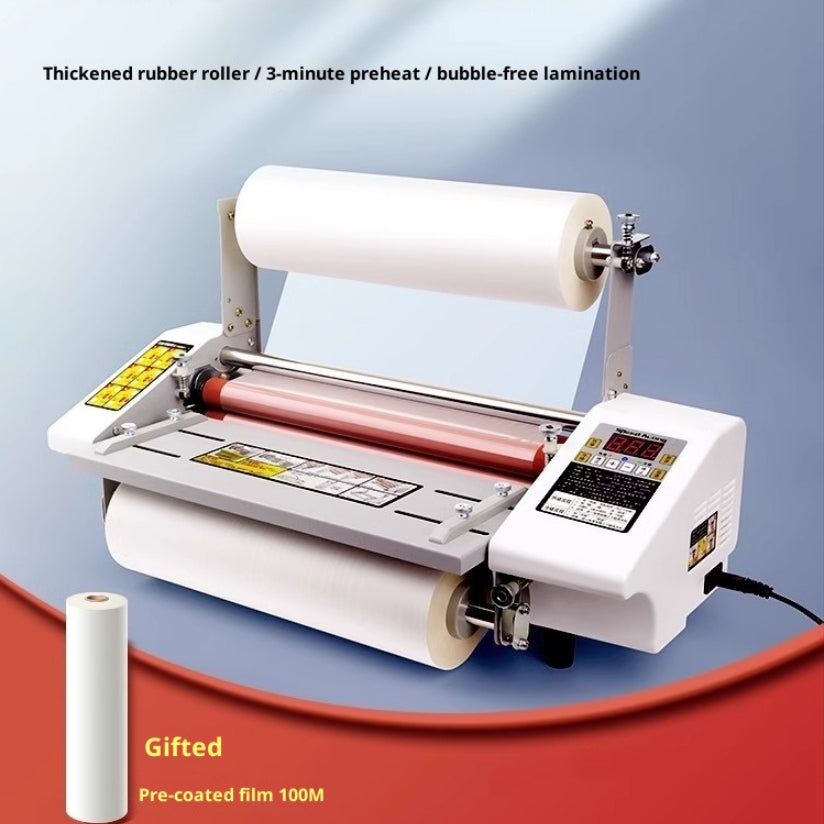 Fully automatic photo laminator, white body with control panel and heat-sealing rollers