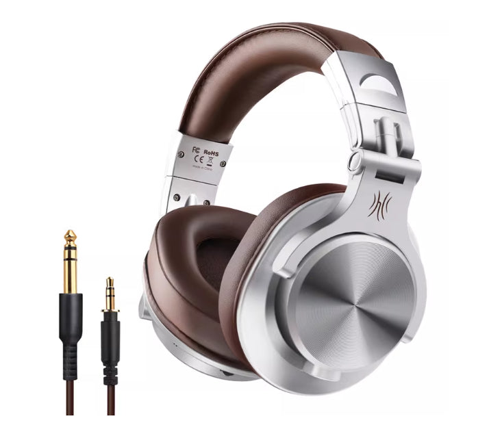 Brown and silver over-ear headphones with cushioned earcups and adjustable band