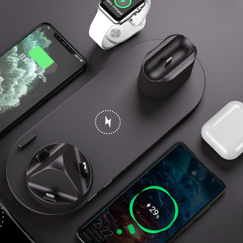 Wireless charging dock with phone and watch stands, black base with charging pods