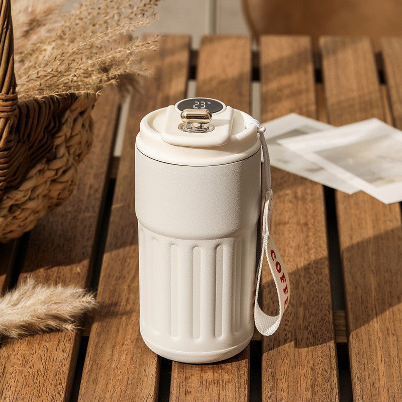 450ml insulated thermal bottle with white body, white lid, digital temperature display