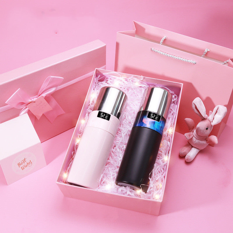 Gift box with two vacuum temperature bottles, pink and black, 52°C display