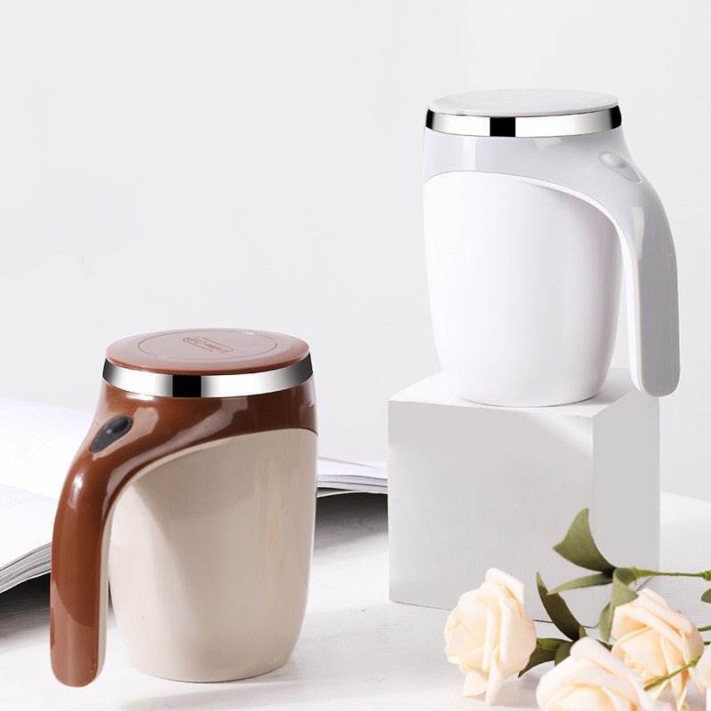 Electric stirring cup with rotating magnetic base, white cup and brown cup
