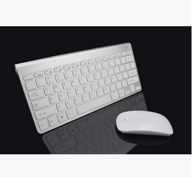 White wireless mini keyboard and matching mouse, angled