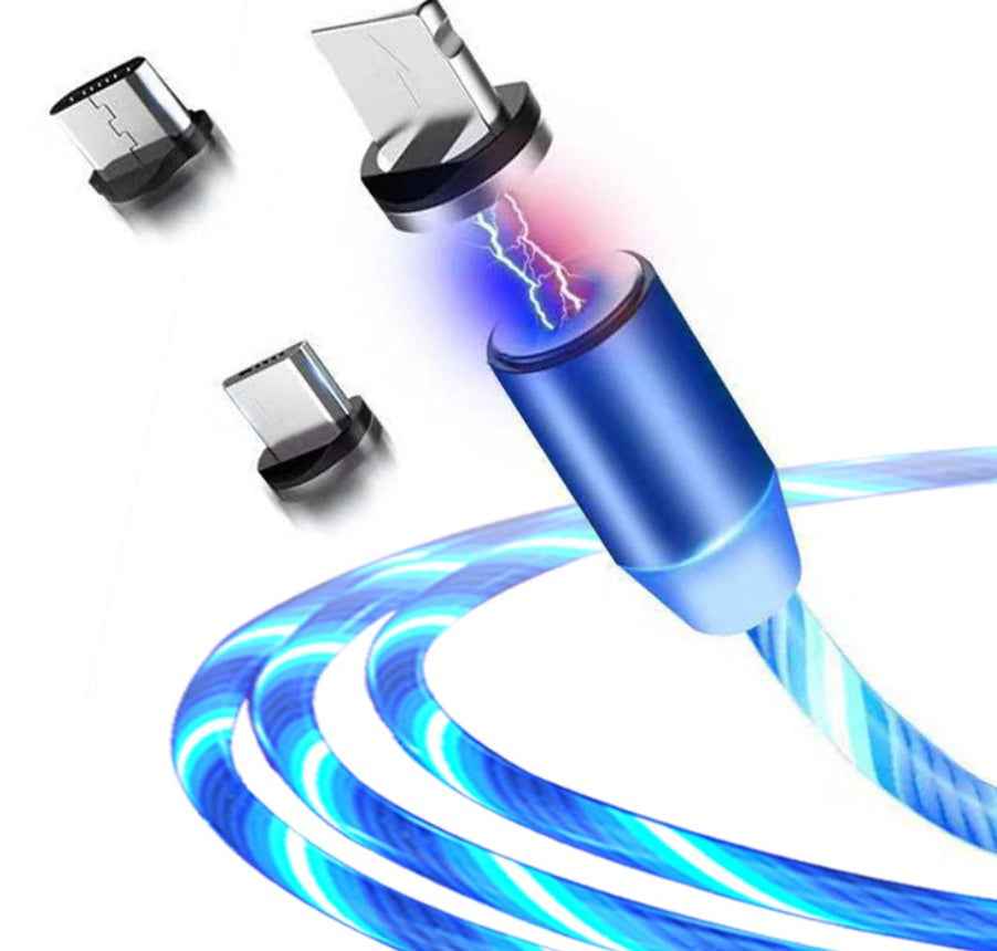 Blue magnetic data cable with rotating connector tips and glowing light stream