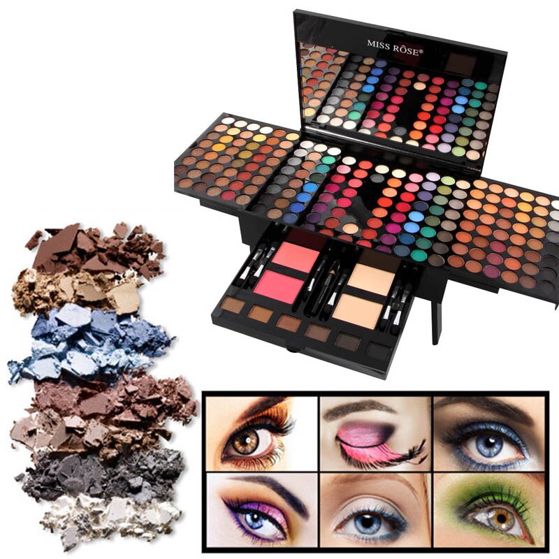 Piano-shaped makeup palette with mirror and multi-color eyeshadow pans with blush