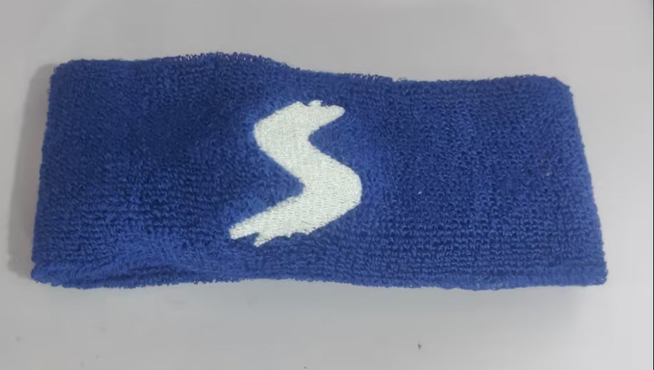 Blue fitness headband with white S logo