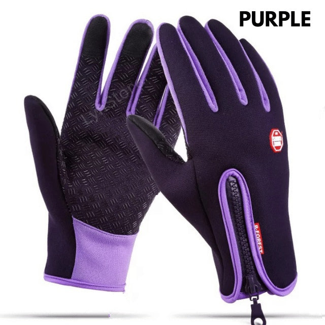 Winter riding gloves, purple with black textured palm, touchscreen panel, and zip cuff.