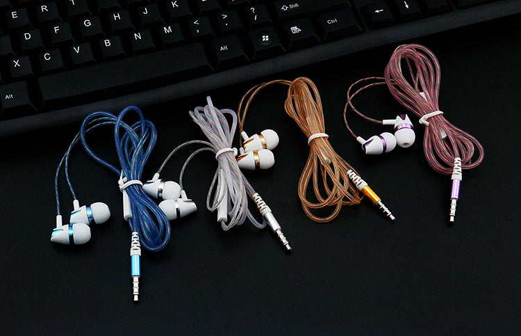 Wired in-ear headphones assortment with braided cables in blue, white, orange, and pink