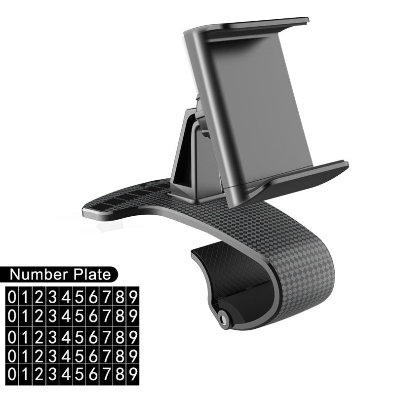 Snap-on dashboard phone holder with number plate, carbon-texture base and clip