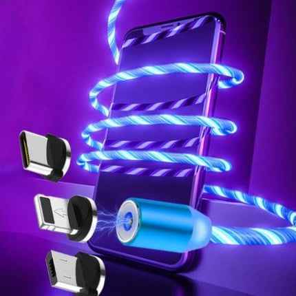 Magnetic light streamer charging cable with USB connectors and glowing blue braided cord