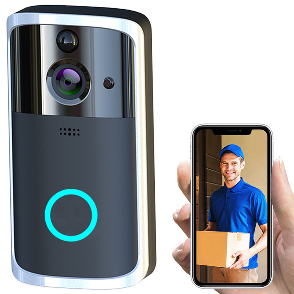 Black WiFi video doorbell camera with built-in camera lens and blue ring button