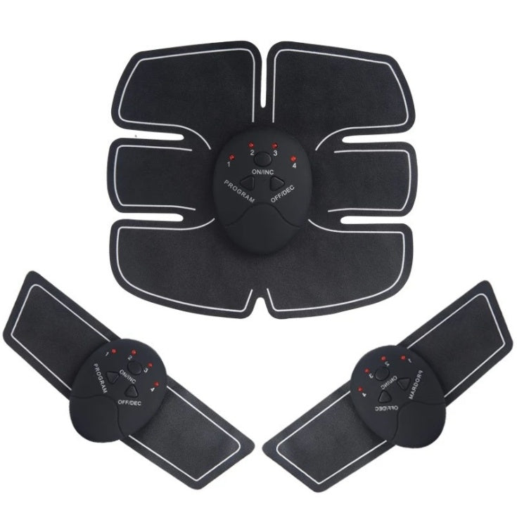 EMS abs muscle trainer set with controller, two long straps, and circular body pad