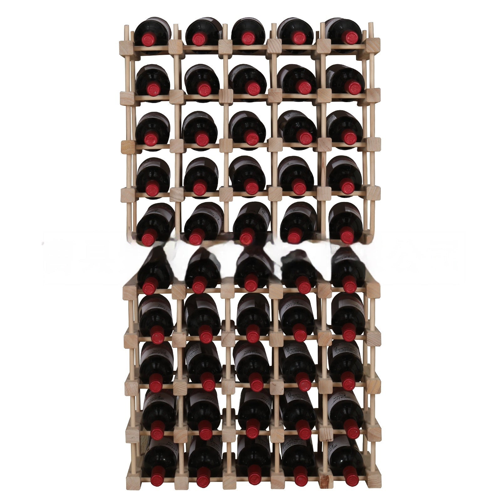 Wood wine rack with front grid bottle slots filled with bottles