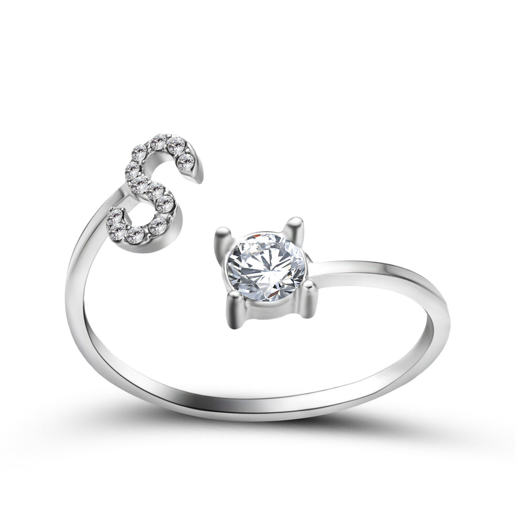 Silver adjustable initial letter ring with round crystal and crystal-set letter detail