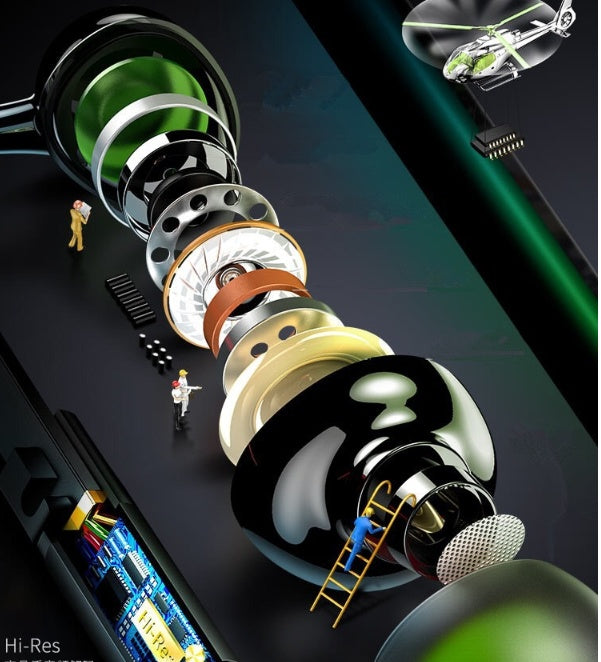 Dynamic headphones with multi-color driver housings and green-accent earbuds