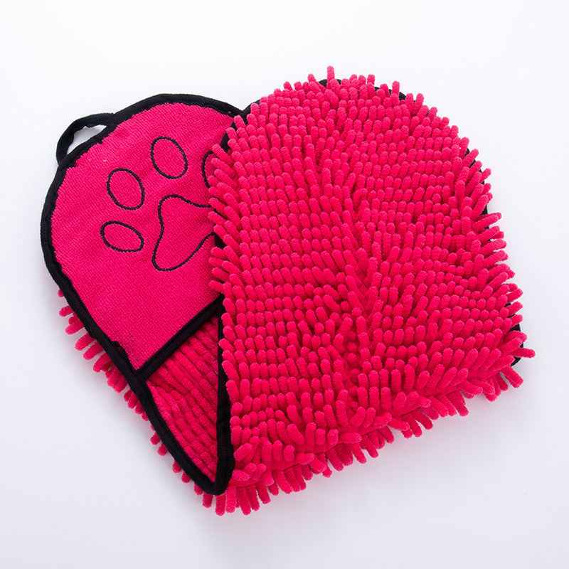 Pink microfiber pet drying towel mitt with paw-print emblem and black trim