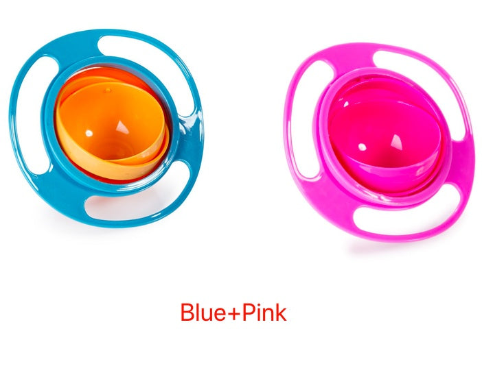 Rotating spill-proof bowl pair: teal and pink outer rings with orange and magenta bowls