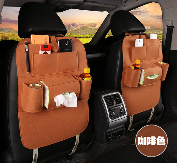 Brown seat organizer bag with multiple front pockets and drink holders
