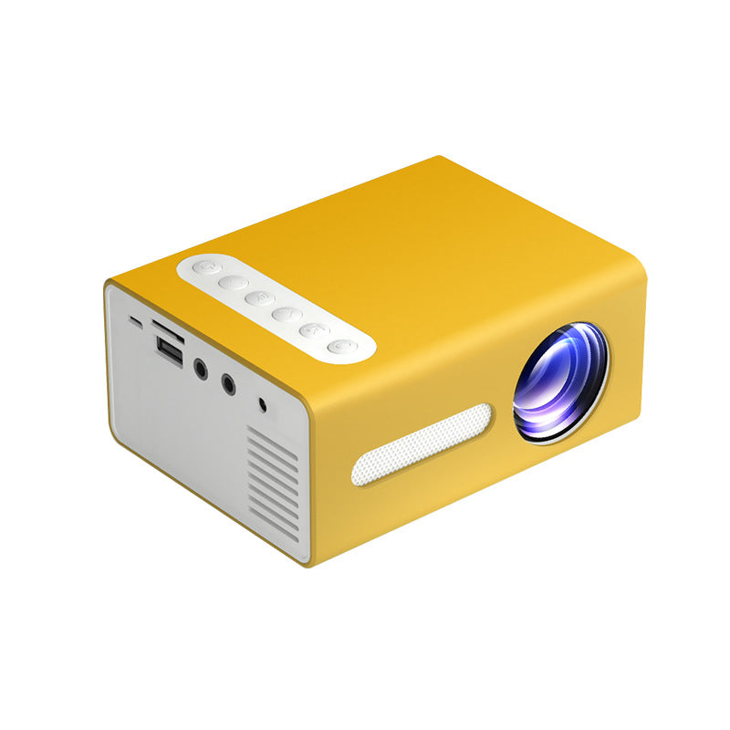 Yellow mini projector angled view with side ports, speaker grille, and lens