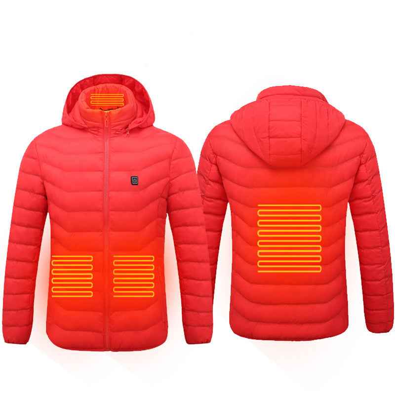 Red heated puffer jacket with glowing front and back heater bars